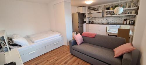 ein Wohnzimmer mit einem Sofa und einer kleinen Küche in der Unterkunft Little Plaza City Centre in Ljubljana