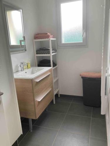 une salle de bain avec un lavabo et un miroir dans l'établissement Maison tout confort, à Cambo-les-Bains