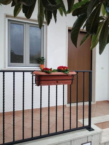 a balcony with a table with flowers on it at Casa di Cristina in Fiumicino