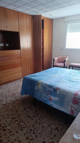 1 dormitorio con 1 cama, vestidor y TV en Hospedaje El Paseo, en Cocentaina