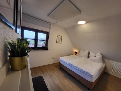 ein Schlafzimmer mit einem Bett und einer Topfpflanze in der Unterkunft Messe- und Ferienwohnung am Ponyhof Nürnberg in Nürnberg