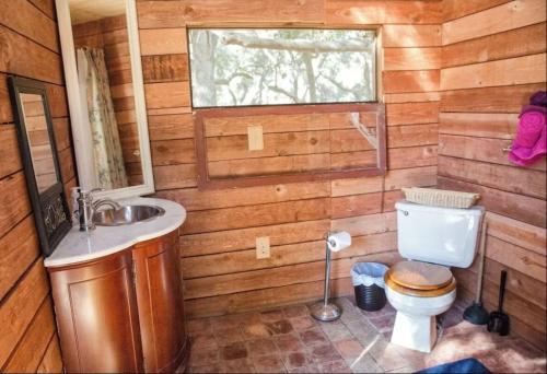a bathroom with a toilet and a sink at Topanga Mountain Sanctuary +Private Trails & Creek in Topanga