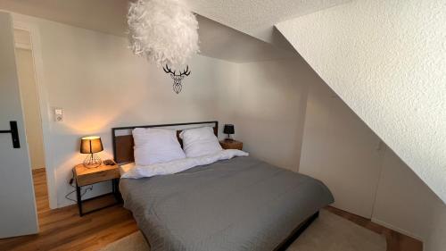 a bedroom with a bed and a chandelier at 3 Zimmer Apartment mit Parkplatz - Sleepomat in Aschaffenburg