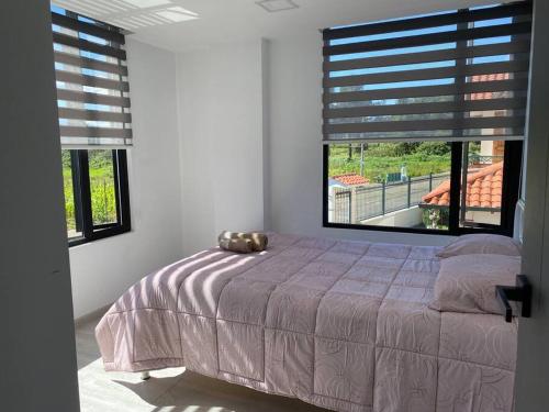 a bedroom with a bed and two windows at Hermosa casa en la Armenia in Quito