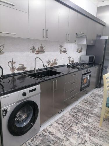 cocina con fregadero y lavadora en Rudakiy Apartment, en Samarkand