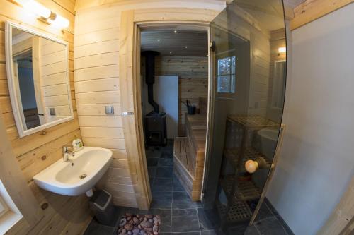 a small bathroom with a sink and a shower at Hapsal Forest Cabin in Haapsalu