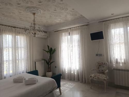 a bedroom with a bed and a chandelier at Suite Comares in Granada