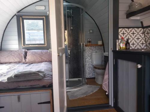 a bathroom with a shower and a bed in a room at Etive Pod, West Highland Way Holidays in Kinlochleven