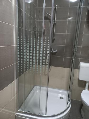 a shower with a glass door in a bathroom at lastva 1&2 in Sveti Filip i Jakov