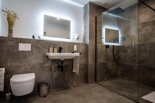 a bathroom with a toilet and a sink and a shower at Neue Fewo mit Schlossblick - Urlaub im Wein- und Ferienort Bekond in Bekond