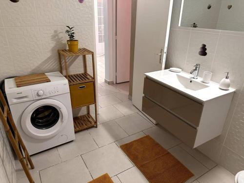 uma casa de banho com uma máquina de lavar roupa e um lavatório em L'Écrin de Verdure em Sainte-Anne