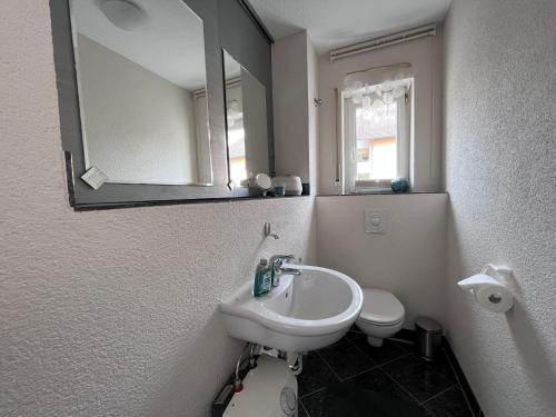 a white bathroom with a sink and a mirror at Gemütlicher Bungalow in Stadtnähe in Aschaffenburg