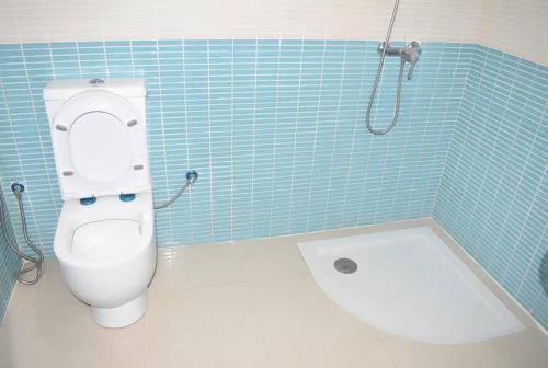 y baño de azulejos azules con aseo y ducha. en Claire de lune en Nuakchot