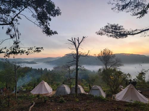 grupa namiotów na wzgórzu z mglistą doliną w obiekcie Konoha Măng Đen w mieście Kon Von Kla