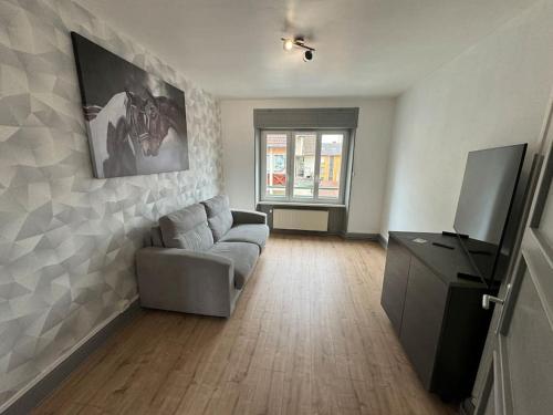 ein Wohnzimmer mit einem Sofa und einem Flachbild-TV in der Unterkunft T3 Premium - Calme & spacieux 6-12 personnes in Belfort