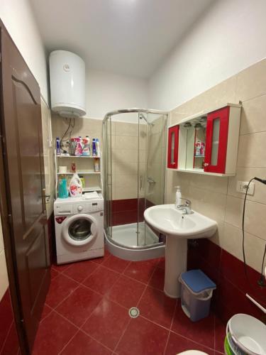 W łazience znajduje się prysznic, umywalka i pralka. w obiekcie Comfortable 2-BR for 5 w Tiranie