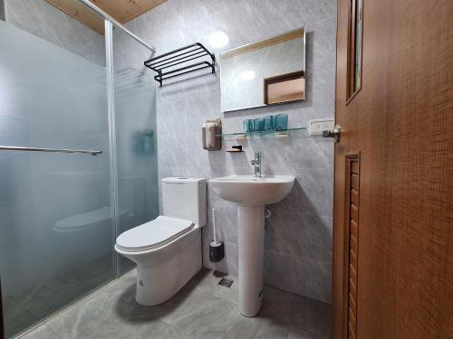 a bathroom with a toilet and a sink and a shower at Mori no Yu B&B in Hsing-wen