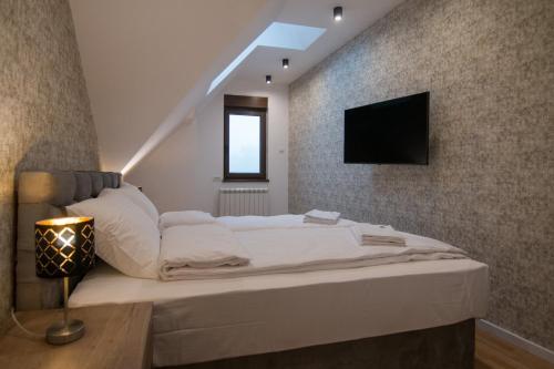 a bedroom with a bed and a tv on a wall at Tara Lux apartmani in Kaludjerske Bare
