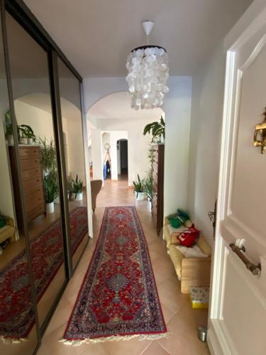 un couloir avec un miroir et un tapis dans l'établissement Villa familiale au calme, à Fréjus