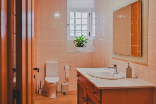a bathroom with a sink and a toilet and a window at Casa de Campo da Quinta da Pegada in Óbidos