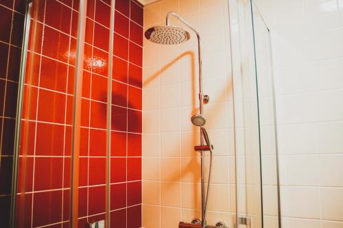 a shower in a bathroom with red and orange tiles at Casa de Campo da Quinta da Pegada in Óbidos
