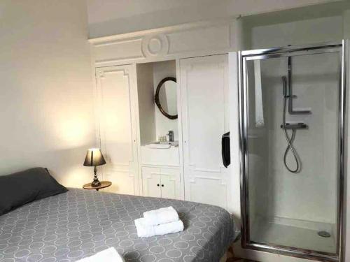 カンヌにあるMARIE ANTOINETTEのベッドルーム1室(ベッド1台、シャワー、タオル付)