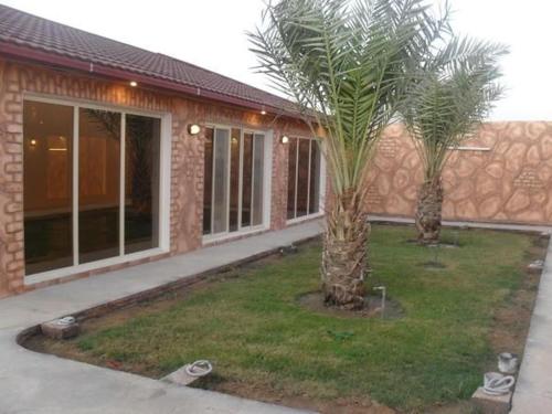 two palm trees in a yard in front of a building at استراحة تحفة العروس- المدينة المنورة in Medina