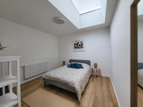 um quarto com uma cama e uma clarabóia em Private rooms - European Quarter em Bruxelas