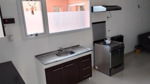 uma pequena cozinha com um lavatório e um fogão em Depto Lionel em Río Gallegos