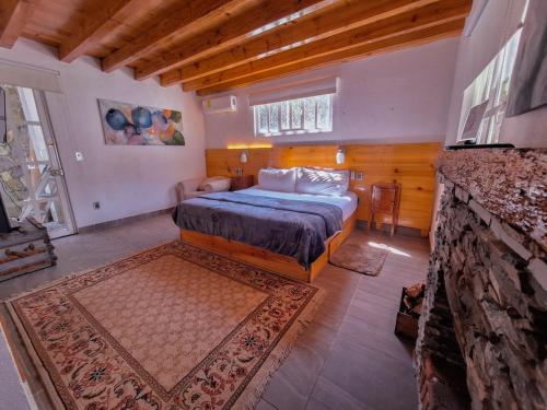 een slaapkamer met een bed en een open haard bij Finca la concordia: Hotel frutos del bosque in Zacatlán