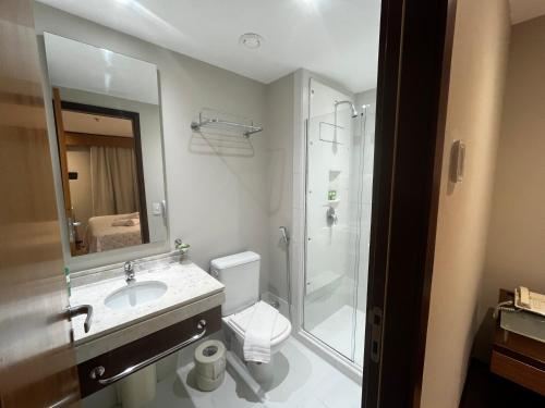 uma casa de banho com um WC, um lavatório e um chuveiro em Flat SP no Hotel Wyndham Ibirapuera - Moema em São Paulo
