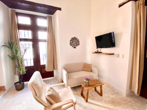 a living room with a couch and a tv at Paseo Colonial - Sanctuary #2 in Santo Domingo