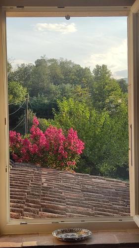d'une fenêtre avec vue sur les fleurs roses et les escaliers. dans l'établissement Le Mas des Mûriers en Cévennes gardoises, à Gagnières