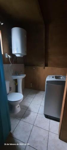 y baño con aseo y lavamanos. en Cabaña Fortunata en Puerto Williams