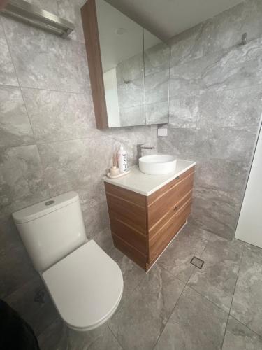 a bathroom with a toilet and a sink and a mirror at Ocean View - Alexandra Headlands Beachfront Unit in Alexandra Headland