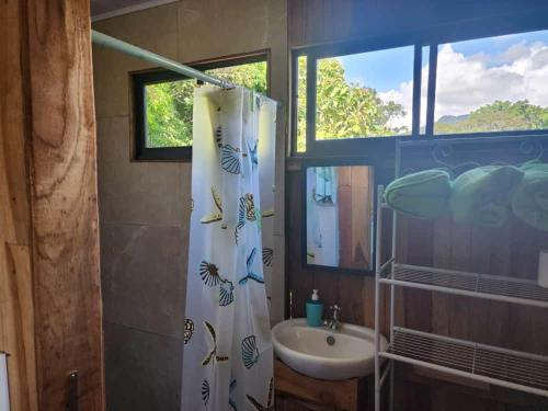baño con lavabo y cortina de ducha en Paso-lapas, en Matapalo