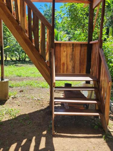 una escalera de madera en un parque con árboles en Paso-lapas, en Matapalo