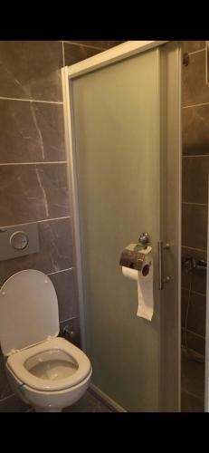 a bathroom with a toilet and a roll of toilet paper at Rüyakent Sea Panorama in Didim