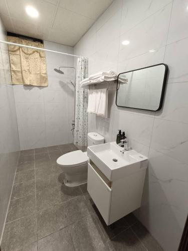 a bathroom with a toilet and a sink and a mirror at Yan Gui Lai B&B in Hengchun South Gate
