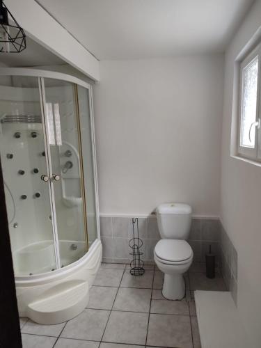 La salle de bains est pourvue d'une douche et de toilettes. dans l'établissement Location petite maison, à Quillebeuf-sur-Seine