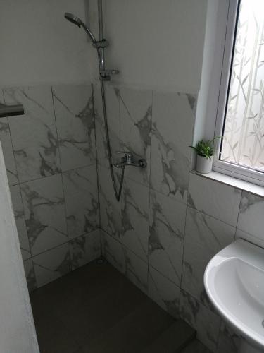 a bathroom with a shower and a sink at Ô Bercail du Sud-Hibiscus chez Jeannette in Mt Bois Noir