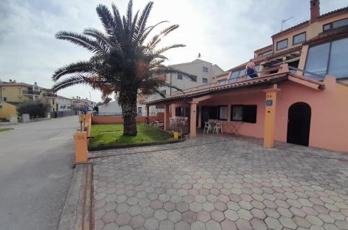 a palm tree next to a pink building with a street at APARTMANI DELAS in Pješčana Uvala 