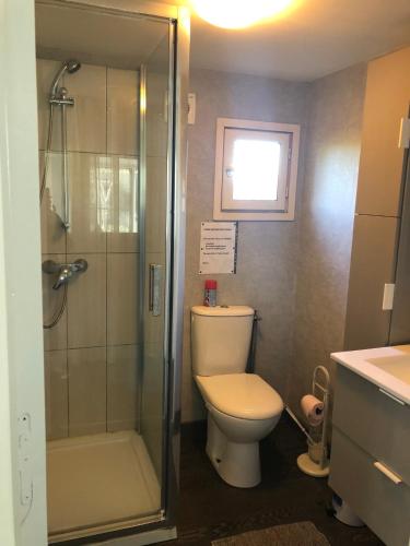 une salle de bain avec toilettes, douche et lavabo dans l'établissement BUNGALOW 60 M2, à Roquebrune-sur Argens