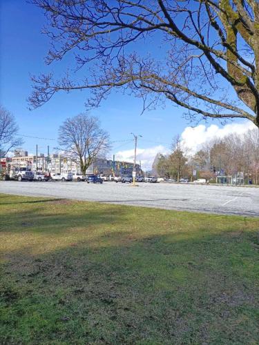 an empty parking lot with a tree and grass at Pender Home in Vancouver