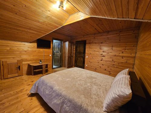 a bedroom with a bed in a wooden room at Pensiunea Ana Maria Durau in Durau