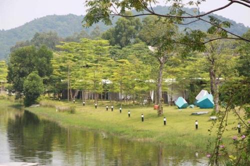 a group of tents on a field next to a river at Villa Owner tại khu nghỉ dưỡng sinh thái Đại Lải Resort in Ngọc Quang