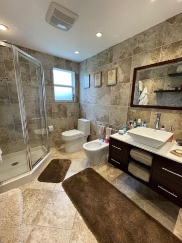 a bathroom with a sink and a shower and a toilet at FortLauderdale Beach Apartment in Fort Lauderdale