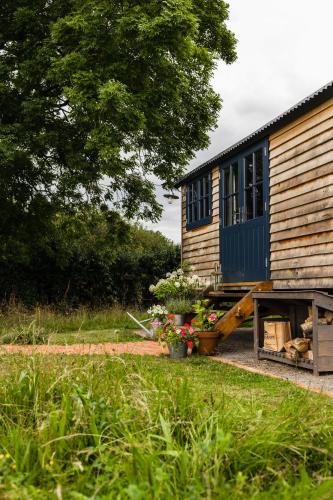 a tiny house with a blue window and a bench at Toadland Shepherd Huts in Durham