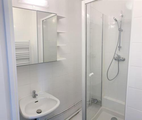 bagno con lavandino e doccia con specchio di Appartement de Charme a Épinay-sur-Seine