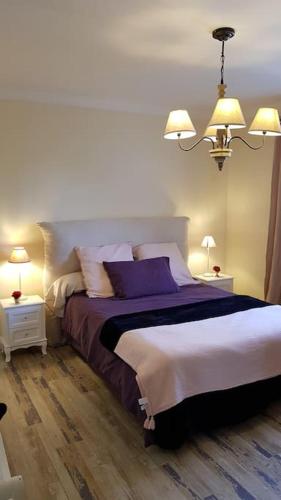um quarto com uma cama grande e almofadas roxas em La Gloriette des Eglantines em Saint-Gervais-la-Forêt